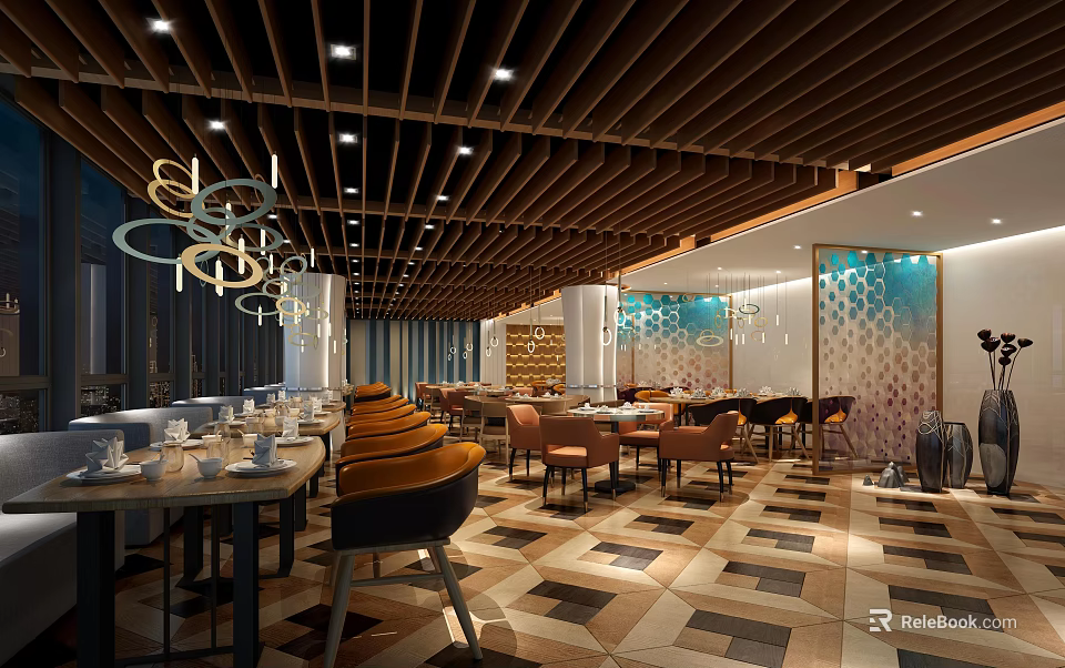 Modern Restaurant Interior With Wooden Ceiling Chandeliers Tables And Geometric Floor Design 3d model 