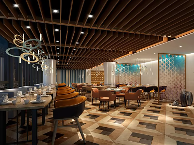 Modern Restaurant Interior With Wooden Ceiling Chandeliers Tables And Geometric Floor Design 3d model