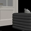 Black Sectional Sofa With Patterned Pillows Throw Blanket In Living Room Large Window Snowy View