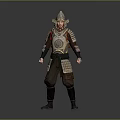 Game Movie Character Ancient Warrior Wearing Metallic Armor And Helmet Standing Pose