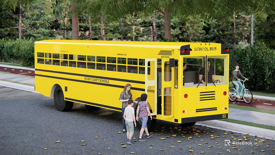 Yellow School Bus With Kids Boarding On Street Near Trees 3d model 