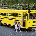 Yellow School Bus With Kids Boarding On Street Near Trees