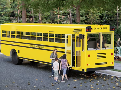 Yellow School Bus With Kids Boarding On Street Near Trees 3d model