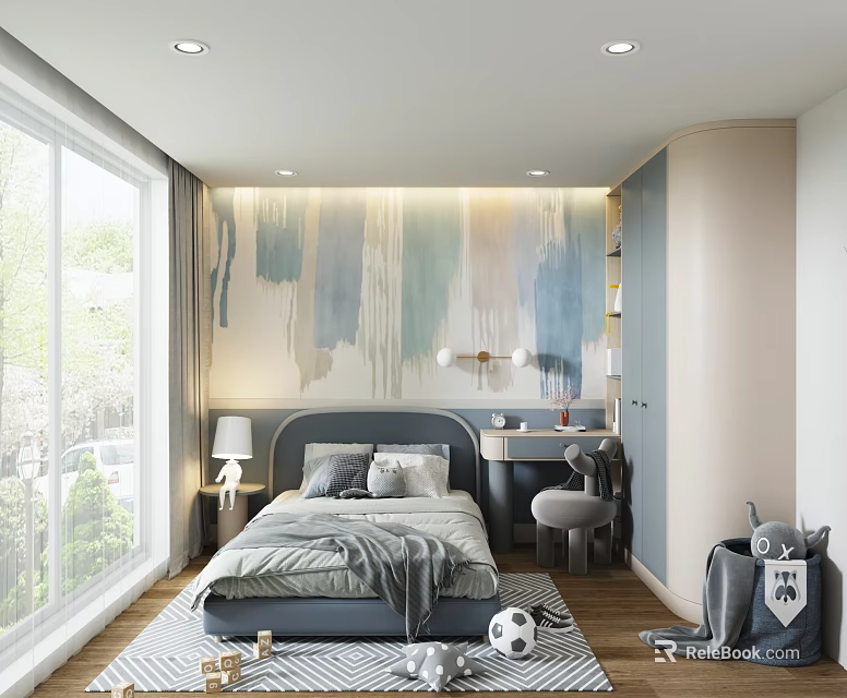 Modern Kids Room Interior Design With Blue Bed Desk Window Decorative Wall Rug And Toys 3d model 