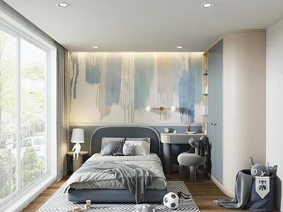 Modern Kids Room Interior Design With Blue Bed Desk Window Decorative Wall Rug And Toys 3d model