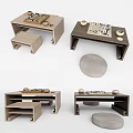 Wooden Entertainment Table With Board Game Pieces And Cushion For Leisure Activities