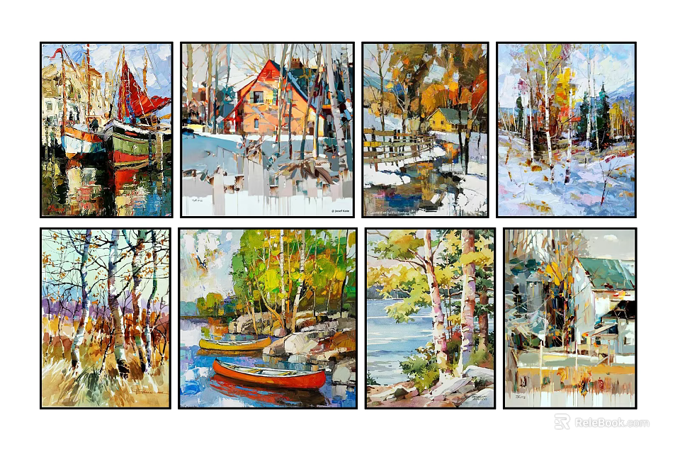 Colorful Landscape Paintings With Boats Houses Autumn Trees Snow Scenes And Water Reflections 3d model 