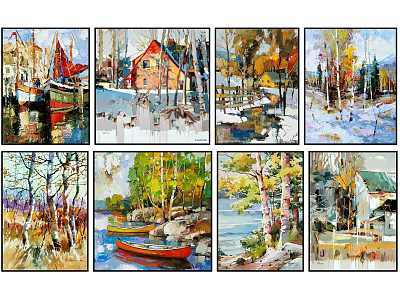 Colorful Landscape Paintings With Boats Houses Autumn Trees Snow Scenes And Water Reflections 3d model