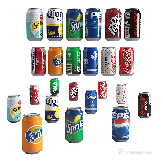 Assorted Colorful Soft Drink Cans Featuring Popular Brands And Various Designs 3d model 