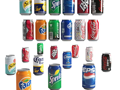 Assorted Colorful Soft Drink Cans Featuring Popular Brands And Various Designs 3d model
