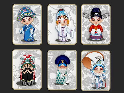 Cute Peking Opera Character Paintings With Colorful Costumes And Traditional Masks 3d model