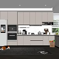 Modern Kitchen Interior With Gray Cabinets Silver Appliances And Dark Flooring
