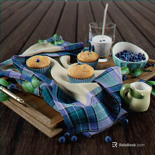 Fresh Blueberry Muffins On Checkered Cloth With Milk And Berries On Wooden Tray 3d model 