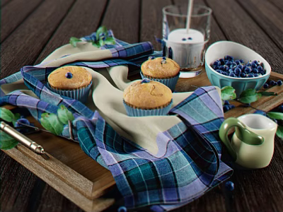 Fresh Blueberry Muffins On Checkered Cloth With Milk And Berries On Wooden Tray 3d model