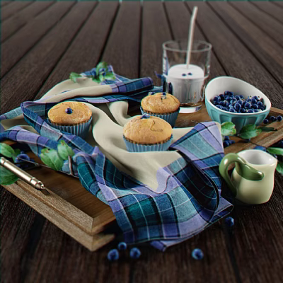 Fresh Blueberry Muffins On Checkered Cloth With Milk And Berries On Wooden Tray 3d model Fresh Blueberry Muffins On Checkered Cloth With Milk And Berries On Wooden Tray 3d model