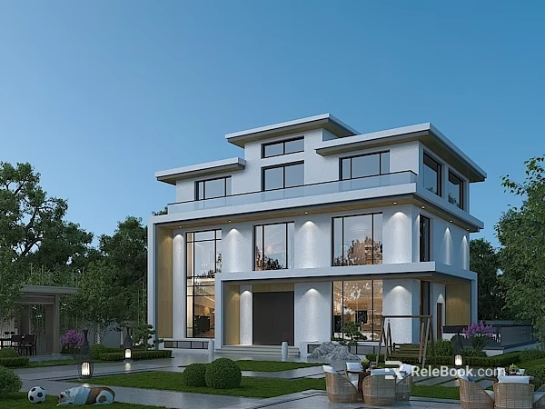Modern Two Story Detached Villa Exterior With Large Windows And Landscaped Garden 3d model 