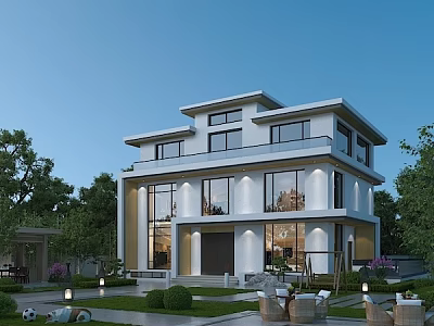 Modern Two Story Detached Villa Exterior With Large Windows And Landscaped Garden 3d model