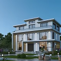 Modern Two Story Detached Villa Exterior With Large Windows And Landscaped Garden