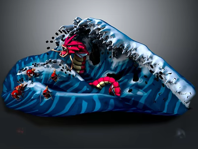 Dynamic Game and Movie Characters in Blue Wave with Red Serpent and Small Figures 3d model