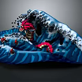 Dynamic Game and Movie Characters in Blue Wave with Red Serpent and Small Figures