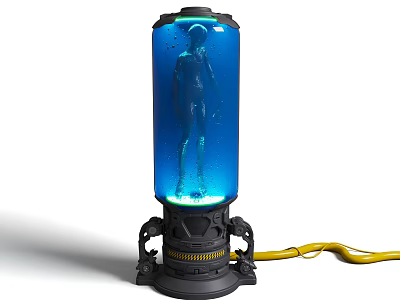 Medical Device with Transparent Cylinder Blue Liquid Humanoid Model Black Base and Yellow Cable 3d model