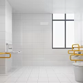 Public Restroom Interior With Yellow Handrails Toilet Sink And White Tiles