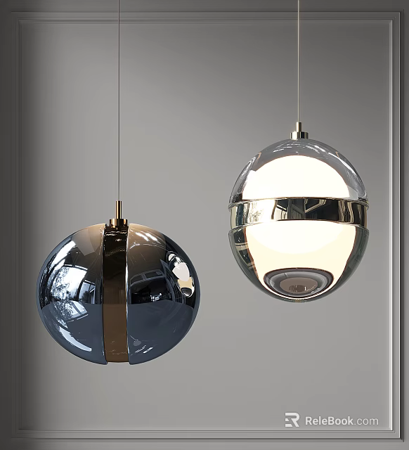 Modern Spherical Pendant Lights With Chromed Reflective Surface And Illuminated Globe Design 3d model