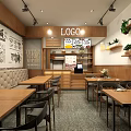 Traditional Restaurant Interior With Food Themed Mural Wooden Walls Pendant Lights Dining Tables And Chairs