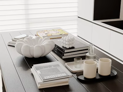 Modern Kitchen Countertop With Flower Shaped Bowl Books White Cups And Tray 3d model