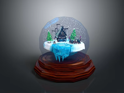Wooden Furniture Base With Snow Globe Decoration Featuring Snow Scene And Christmas Trees 3d model