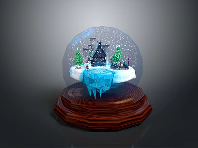Wooden Furniture Base With Snow Globe Decoration Featuring Snow Scene And Christmas Trees 3d model