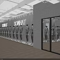 SOWHAT Clothing Store Interior Display With Mannequins In Uniform Outfits Brick Wall And Glass Door