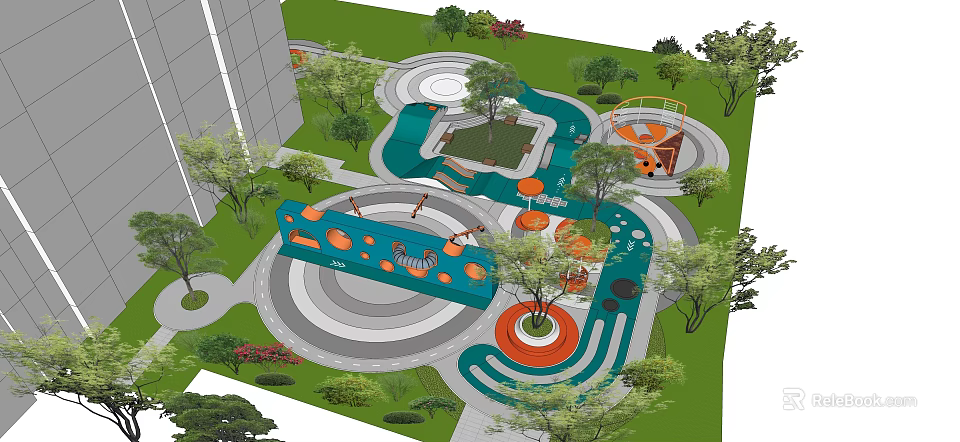 Children's Play Area Design With Circular Paths Green Lawns And Interactive Installations 3d model 