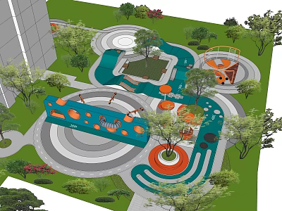 Children's Play Area Design With Circular Paths Green Lawns And Interactive Installations 3d model