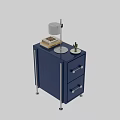 Blue Modern Nightstand With Two Drawers Metal Legs Table Lamp Books And Small Cactus
