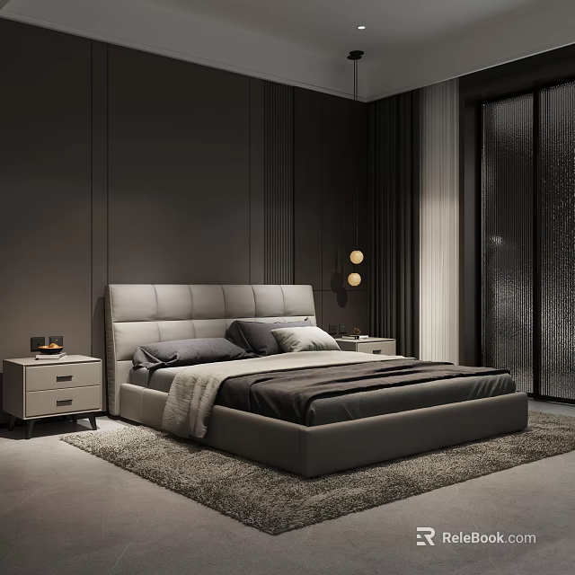 Modern Luxury Upholstered Double Bed With Matching Nightstands For Elegant Dark Tone Bedroom Interior 3d model 