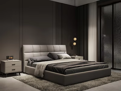 Modern Luxury Upholstered Double Bed With Matching Nightstands For Elegant Dark Tone Bedroom Interior 3d model