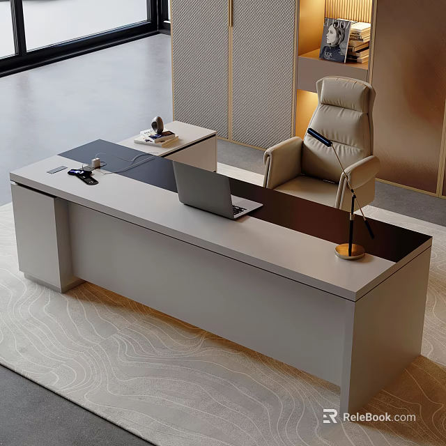 Modern Office Desk With Laptop Leather Chair And Desk Lamp In Contemporary Setting 3d model 