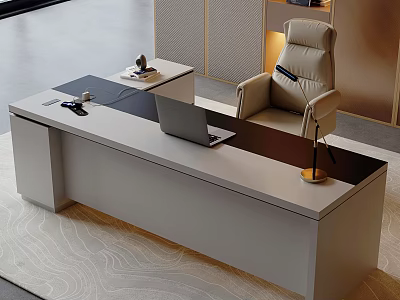 Modern Office Desk With Laptop Leather Chair And Desk Lamp In Contemporary Setting 3d model