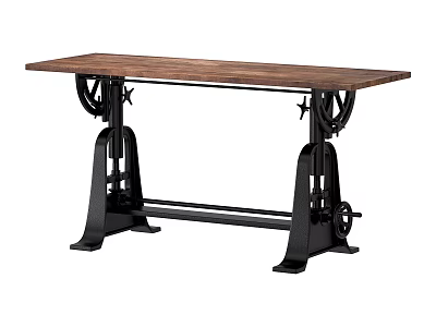 Industrial Style Dining Table With Rustic Wooden Top And Black Metal Gear Legs 3d model