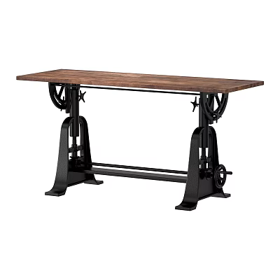 Industrial Style Dining Table With Rustic Wooden Top And Black Metal Gear Legs 3d model