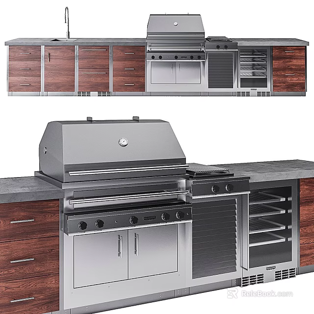 Modern Kitchen Appliances Featuring Stainless Steel Grill Wooden Cabinets And Stone Countertop 3d model 