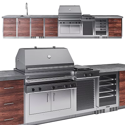 Modern Kitchen Appliances Featuring Stainless Steel Grill Wooden Cabinets And Stone Countertop 3d model