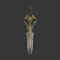 Ornate Fantasy Sword Weapon With Intricate Gold And Blue Carvings On Blade