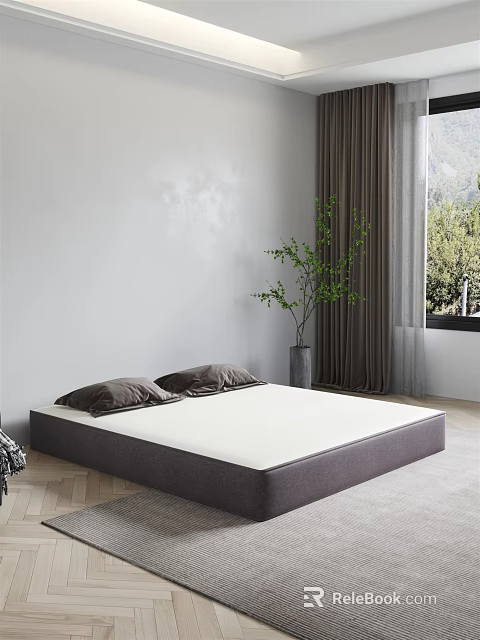 Double Bed With White Mattress Gray Frame Pillows Wooden Floor Gray Curtains Green Trees Outside 3d model 