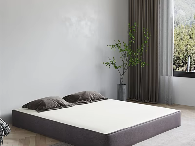 Double Bed With White Mattress Gray Frame Pillows Wooden Floor Gray Curtains Green Trees Outside 3d model