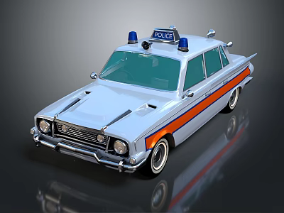 Vintage Police Car With White Exterior Orange Stripes And Blue Emergency Lights 3d model