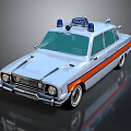 Vintage Police Car With White Exterior Orange Stripes And Blue Emergency Lights