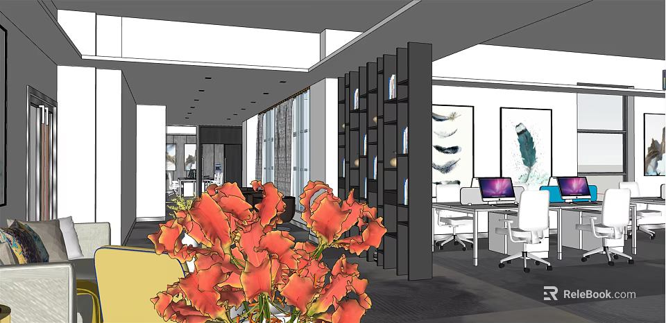 Modern Public Office Space With Open Layout Desks Computers And Flower Decorations 3d model 
