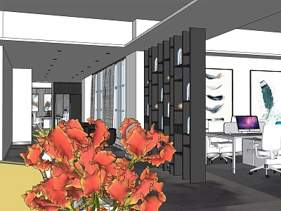 Modern Public Office Space With Open Layout Desks Computers And Flower Decorations 3d model